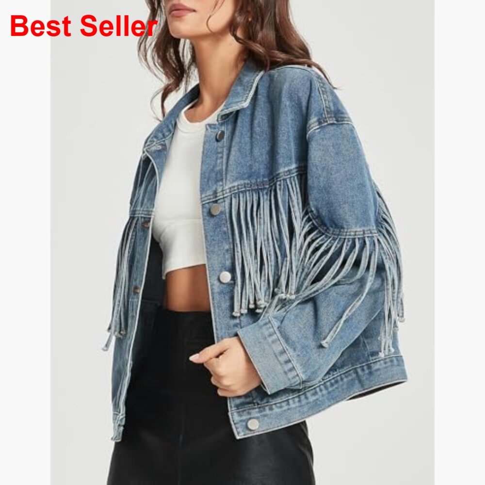 Oversized Denim Jacket with Fringe Tassel Long Sleeve Western Style - Picture 3 of 6